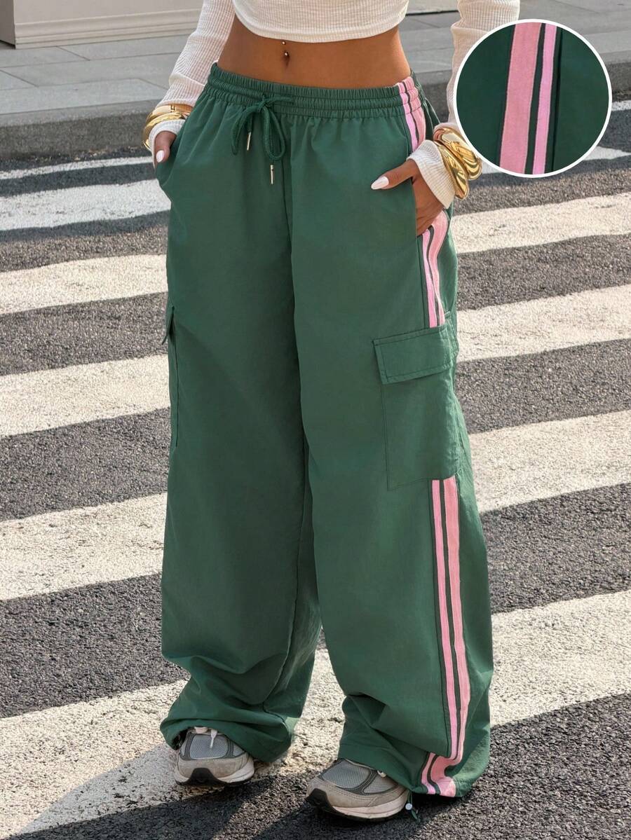Muchica Summer Going Out Drawstring Waist Color Block Casual Cargo Wide Leg Pants - Army Green - View 1