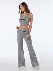 SHEIN ICON Quần ống loe cạp siêu thấp kẻ caro dáng thường ngày dành cho nữ - Xám - Xem 3