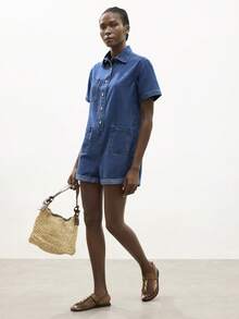 Maija Women's Summer Casual Front Button Denim Romper - Light Wash - View 6