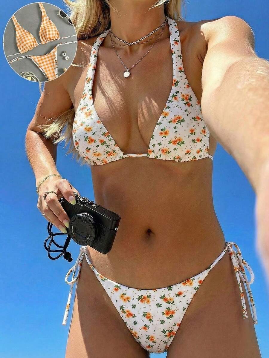 Swim Mod Conjunto de bikini con estampado floral diminuto sexy para mujer, ideal para vacaciones de verano en la playa - Multicolor - Ver 1