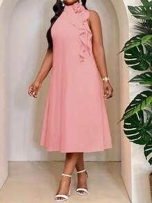 SHEIN Lady Plus Size Women's 3D Flower Ruffle Neckline Pink Midi Dress, Elegant, Loose, Boho, Spring/Summer - Dusty Pink - View 5