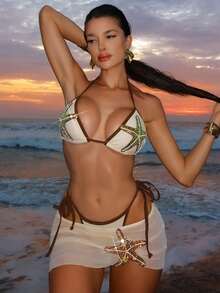 Swim SXY Bộ bikini 3 mảnh gợi cảm họa tiết sao biển dành cho nữ, thích hợp cho kỳ nghỉ biển. - Màu be - Xem 3