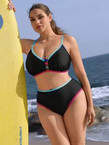 Swim SPRTY 2026新款大码女式时尚比基尼套装，V领镂空前片，时尚性感撞色设计，沙滩度假冲浪运动修身两件套 - 黑色 - 查看 4