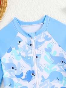 SHEIN 女童鲨鱼图案长袖连体泳衣，可爱又防晒，夏季款 - 淺藍色 - 查看 4