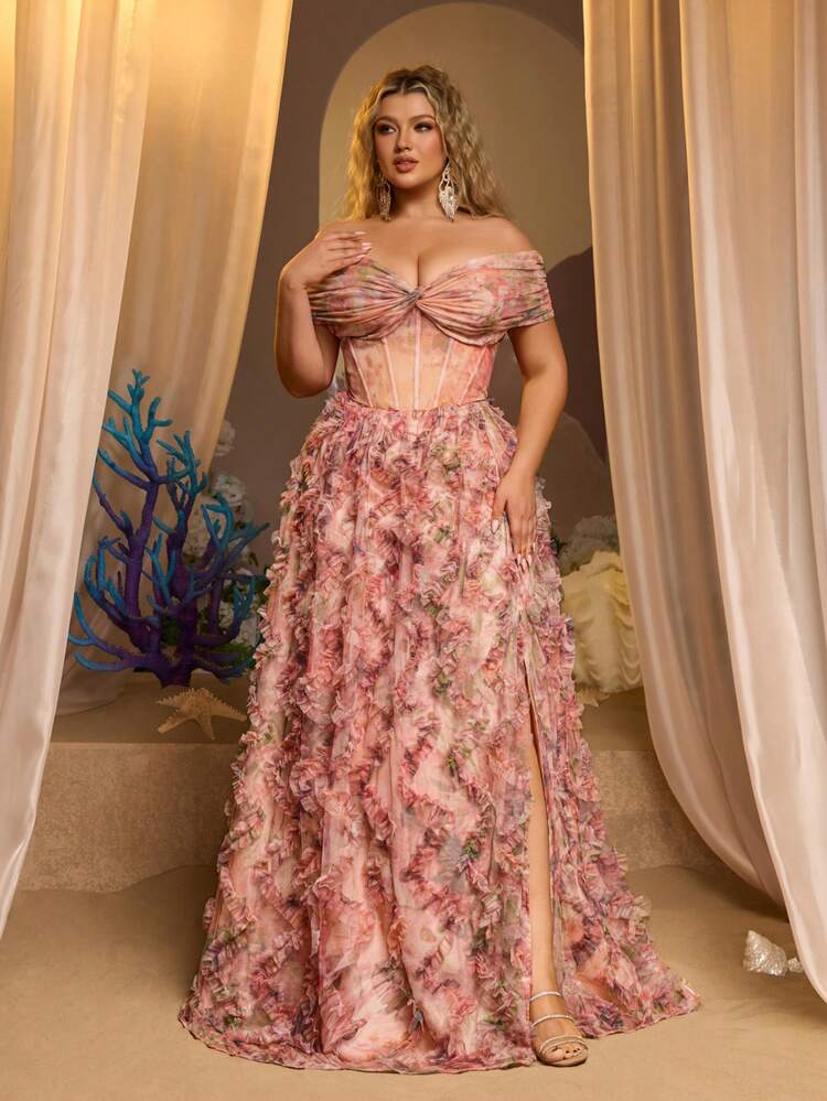 Glamrae Vestido maxi elegante de talla grande con estampado floral romántico de malla multicolor, hombros descubiertos, bajo asimétrico y abertura lateral alta para vestido de noche - Multicolor - Añade 4