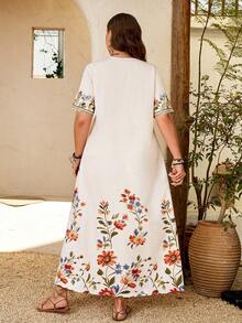 Breezaya Damen Große Größen lässiges, weites Maxi-Kleid mit Platzierungsdruck für den Urlaub, Kurzarm - Aprikosenfarben - Übersicht 2