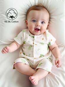 Baby Boy Summer Outfit, Lightweight Romper, Toddler Boy Dinosaur Print Short Sleeve Casual Romper, Vacation Style - Beige - View 1