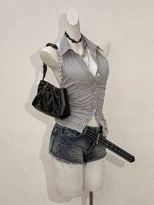 Jeanoix 女士条纹面料通勤办公休闲性感吊带衬衫 - 黑與白 - 查看 3