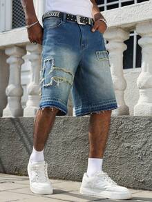 Manfinity EMRG Men's Casual Street Style Embroidered Patch Blue Denim Shorts - Medium Wash - View 6
