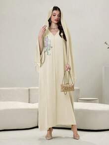 Yasmyna Farbblockpatchwork luxuriöses 3D-besticktes Applikationskleid mit V-Ausschnitt und Langarm, türkisches Maxikleid - Gelb - Übersicht 4