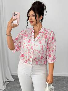 Elenzga Áo kiểu nữ cỡ lớn tay phồng cổ bẻ in họa tiết 3D, thanh lịch và lãng mạn, thích hợp cho hẹn hò, đi chơi, dự tiệc, trà chiều, du lịch thường ngày, màu hồng. - Nhiều màu - Xem 5