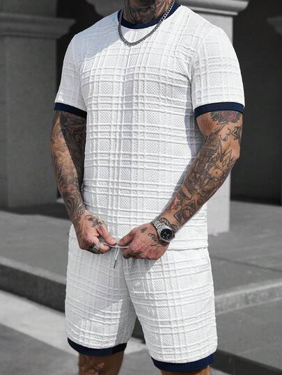 Manfinity CasualCool Men's Casual Contrast Trim Short Sleeve T-Shirt And Shorts Set, Summer Mens 2 Piece Outfits Summer Men Two Piece Mens Outfit Men Clothes Men Coords Outfit Old Money,Daily Leisure, Weekend Trips, Outdoor Activities, Travel Expeditions, Relaxed Work Environments Or Semi-Formal Occasions, Boyfriend/Husband Gift, Anniversary /Birthday Gift Party Summer Vacation Holiday,Wedding,Spring To Summer,Easter,Y2k,Vintage