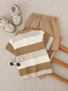 Cozy Pixies Bộ 2 món cho bé trai: Áo thun cổ tròn tay ngắn và quần short cạp chun co giãn, họa tiết sọc. - Nhiều màu - Xem 3