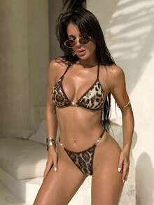 Swim Vcay Conjunto de bikini de triángulo con escote halter de tela con lentejuelas con estampado de leopardo, para verano - Multicolor - Ver 3