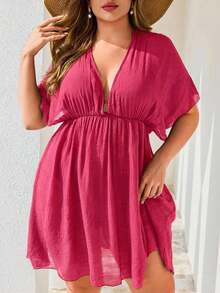 Swim Lushoire 大码女式纯色沙滩罩衫连衣裙，夏季休闲基础款 - 玫紅色 - 查看 4