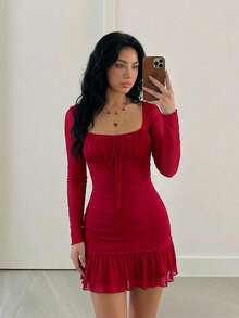 Sweetina 女士修身方领网纱拼接荷叶边迷你连衣裙 - 酒紅色 - 查看 5