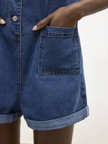 Maija Women's Summer Casual Front Button Denim Romper - Light Wash - View 7