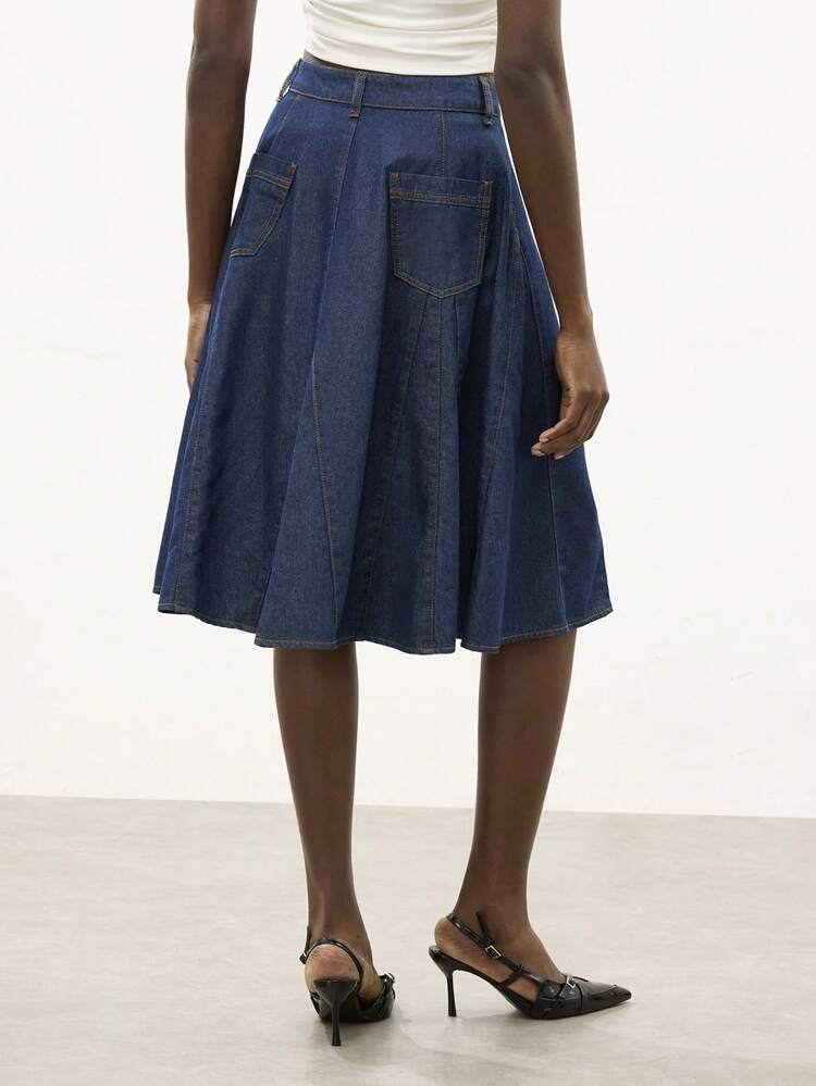 SHEIN Maija Women's Casual Commuter Denim Mini Skirt, Summer Skirt,Aw Denim Midi Skirt, Low-Waisted A-Line Skirt