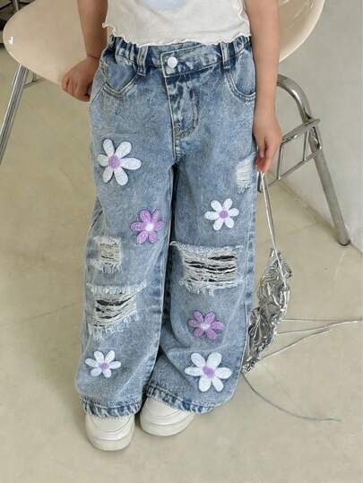 SHEIN ChillGRL Young Girls' Vintage Style Denim Jeans, Loose Straight Leg, Floral Embroidery & Distressed Design, Soft & Comfortable Fabric, Suitable For School, Commute, Daily Wear, Spring/Summer/Autumn/Winter Denim Outfits For Girls Summer Clothes Set