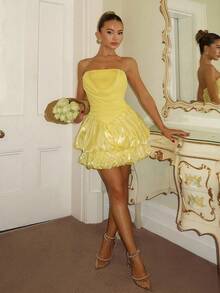 SHEIN Đầm mini phồng không tay trễ vai màu vàng, trang phục mùa xuân, đầm dự tiệc lễ hội, thời trang đường phố, đầm đi club cho nữ, đầm hẹn hò, đầm sinh nhật cho nữ, thanh lịch sang trọng, trang phục không thể thiếu cho bữa tiệc, đầm Giáng sinh, đầm Valentine, đầm năm mới, đầm lấp lánh - Màu vàng - Xem 4