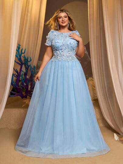 Glamrae 大码优雅浪漫蓝色泡泡袖法式蕾丝3D花朵腰部透视网纱A字连衣裙，适合婚礼、派对、庆典、正式晚礼服（精致设计）