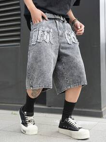 Manfinity EMRG Men's Casual Street Style Embroidered Frayed Hem Dark Grey Denim Shorts - Dark Grey - View 7