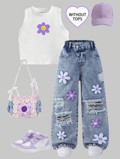 SHEIN ChillGRL Young Girls' Vintage Style Denim Jeans, Loose Straight Leg, Floral Embroidery & Distressed Design, Soft & Comfortable Fabric, Suitable For School, Commute, Daily Wear, Spring/Summer/Autumn/Winter Denim Outfits For Girls Summer Clothes Set