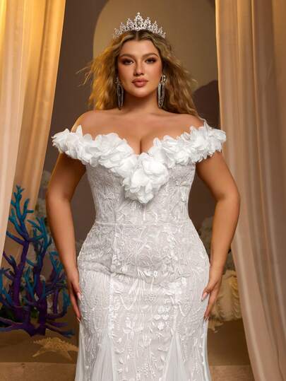 Glamrae Plus Size Elegant Luxurious Romantic Beaded Embroidery Mesh Patchwork 3D Floral Trim Off Shoulder Fitted Mermaid Mesh Wedding Dress For Bridal Events