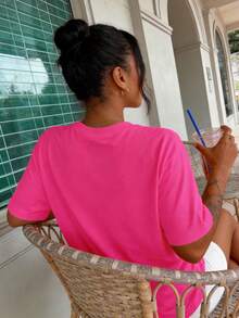 DrmWander Women's T-Shirt, Casual Street Style Graphic Short Sleeve T-Shirt, Cute Summer Top - Hot Pink - View 2