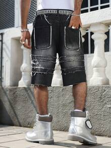 Manfinity EMRG Men's Casual Street Style Distressed Black Denim Shorts - Black - View 2