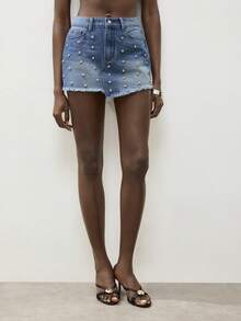 Maija 女士夏季时尚串珠流苏牛仔迷你裙 - 中等水洗藍 - 查看 1