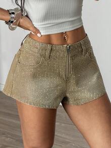 SHEIN ICON Shorts vaqueros de mujer con lavado y aplicaciones de diamante de imitación, casuales para verano - Caqui - Ver 7