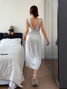 SHEIN Lace Trim V-Neck Backless Long Nightgown For Women - Apricot - View 2