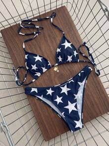 Swim Mod 两件套女士时尚可爱沙滩装，性感露背吊带上衣和比基尼泳裤，配有美国国旗金属吊坠，适合海滩、游泳池、派对等场合。 - 彩色 - 查看 3