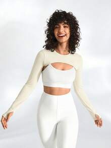 SHEIN Cheerettes Menodora Sport 女款 2 件套，米色鏤空長袖短版上衣與運動 T 恤，夏季健身房瑜伽網球運動休閒風，性感時尚 - 卡其色 - 查看 5