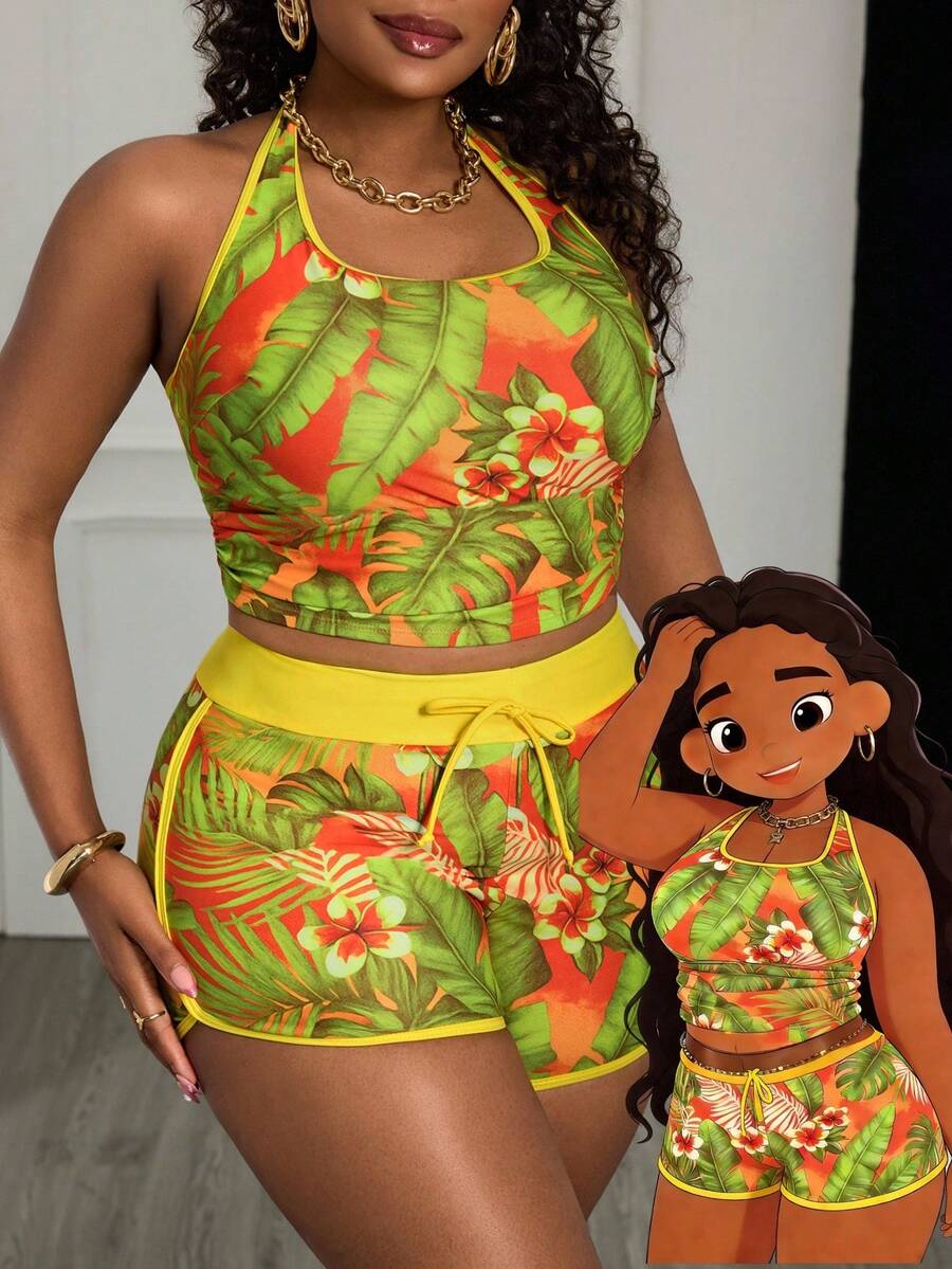 Slaydiva Bộ đồ bơi tankini cỡ lớn in họa tiết cây nhiệt đới đầy màu sắc mới năm 2026, hoàn hảo cho kỳ nghỉ biển. - Nhiều màu - Xem 1