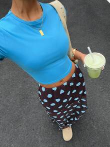 Muchica 女士夏季休闲纯色修身短款T恤和波点印花半身裙两件套 - 彩色 - 查看 5