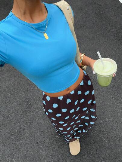 Muchica Women's Summer Casual Solid Color Fitted Cropped T-Shirt And Polka Dot Print Skirt 2-Piece Set