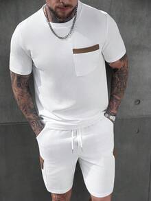 Manfinity Homme Men's 2 Pieces Outfits White And Brown,Summer Casual Vacation Short Sleeve Crew Neck Pocket T-Shirt And Slant Pocket Shorts Set Co Ord Sweatsuit - Grey - View 7