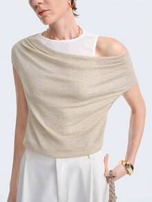 Aalyst 女士不对称领口撞色休闲T恤，优雅时尚，适合外出穿着，也适合新年、情人节、复活节、母亲节、中东婚礼、职场、浪漫假期和夏季穿着。 - 杏色 - 查看 2