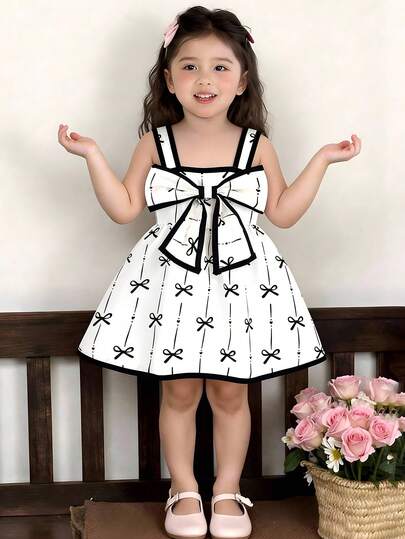 SHEIN Baby Girl Sweet Floral Print Criss-Cross Backless Dress With Oversized Bow Decor, Comfortable Minimalist Princess Style Summer Dress
