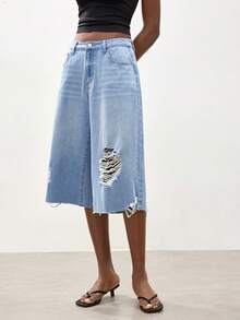 Maija Women's Light Blue Denim Bermuda Shorts, Summer Ripped Shorts, Low-Rise Wide-Leg Pants - Blue - View 4