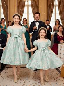 Vestido elegante con cuello cuadrado, mangas abullonadas y decoración de lazo para niña - Verde - Ver 11