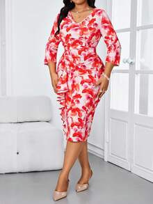 SHEIN Lady 大码撞色印花优雅长袖连衣裙 - 彩色 - 查看 6