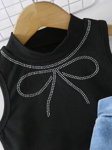 SHEIN Girls Casual Cute Outfit, Ribbed Turtleneck Vest With Rhinestone Bow + Denim Skort, Girls Spring/Summer Stylish Set - Black - View 4