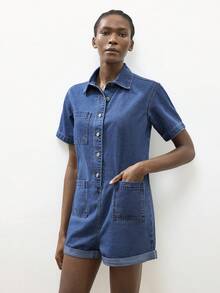 Maija Women's Summer Casual Front Button Denim Romper - Light Wash - View 8