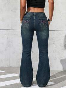 SHEIN ICON Women's Casual Washed Bowknot Rhinestone Embellished Low Waist Flare Jeans - Dark Wash - View 2