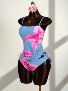 Zestiva Women's Printed Tankini Swimwear Set, Elegant Vacation Casual Style - Baby Blue - View 4