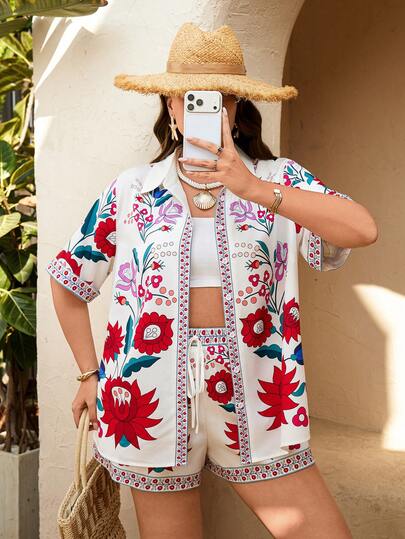 Breezaya Conjunto de verano para mujer talla grande, camisa de manga corta raglán con cuello y estampado digital, y pantalones cortos con cordón