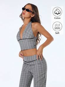 Sweetina Top sin espalda de mujer con cuello halter en V profunda y estampado de cuadros - Gris - Ver 1